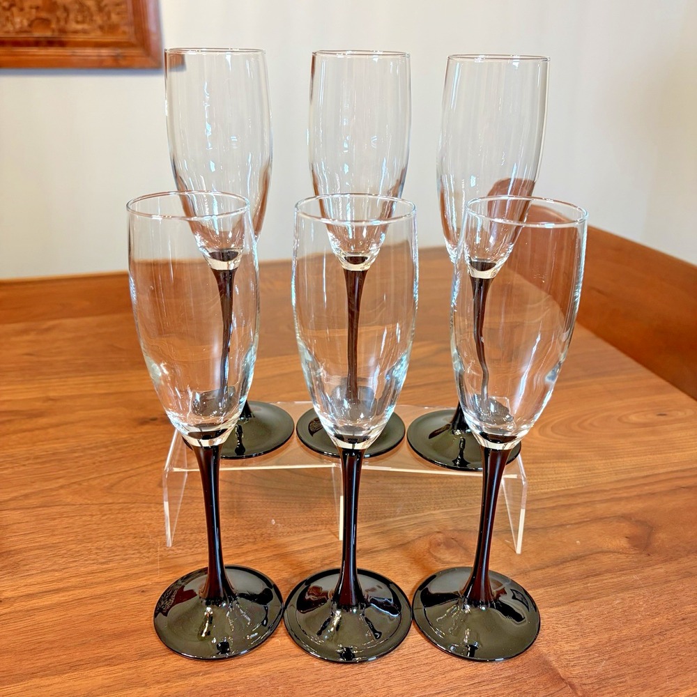 Luminarc France Domino Black Stem Champagne Glasses Cristal D'Arques Set Of 6
